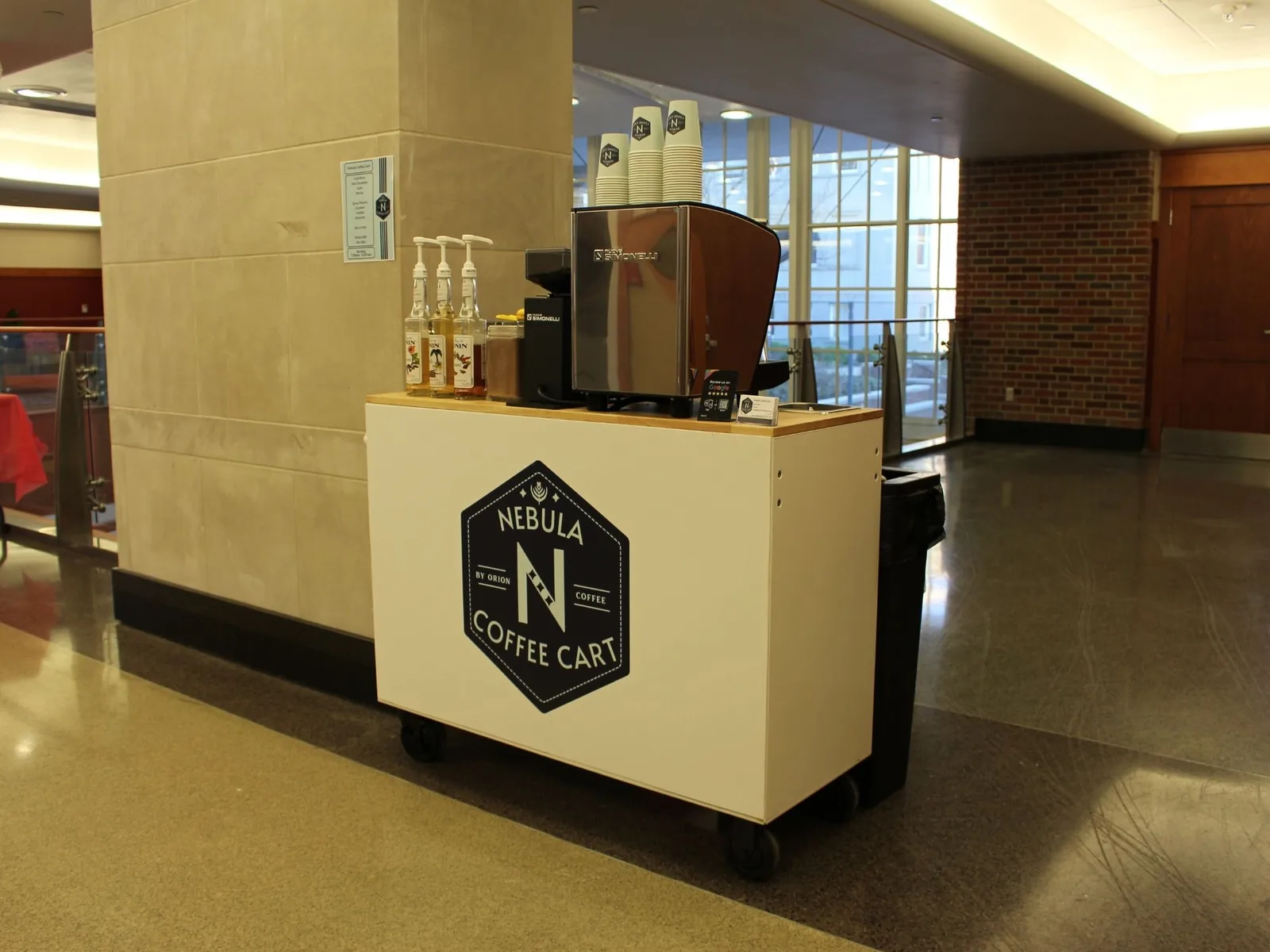 Coffee catering setup in corporate building lobby