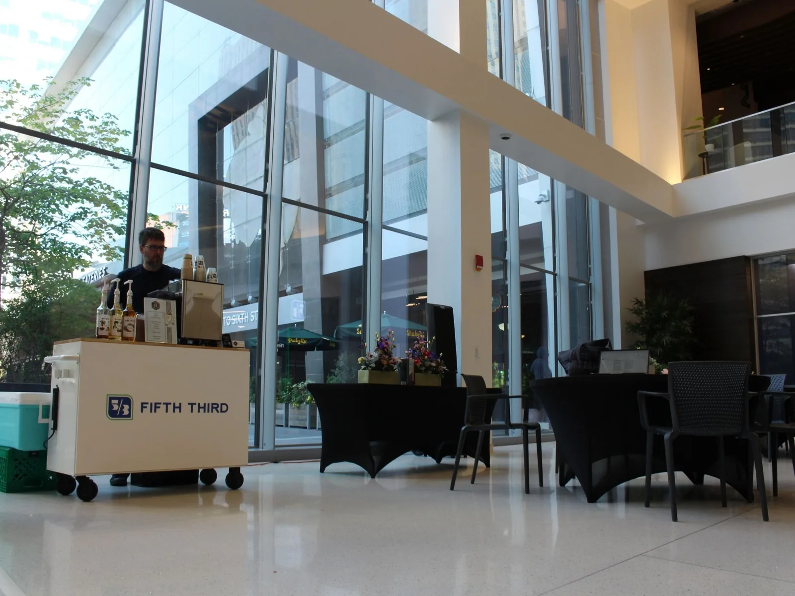 Mobile coffee cart in corporate office atrium
